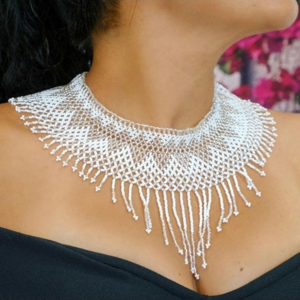 Elegant White and Silver Beaded Necklace & Earrings Set
